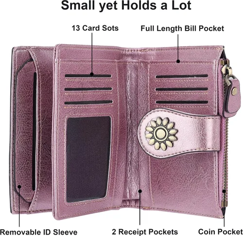 Vista 4 de Lavemi Cartera de piel para mujer, pequeña, compacta, con bloqueo RFID, para tarjetas de crédito, con bolsillo con cremallera