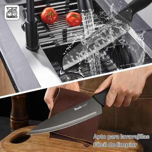 Vista 6 de Wanbasion Juego de cuchillos de cocina profesional negro, de acero inoxidable, apto para lavavajillas con fundas