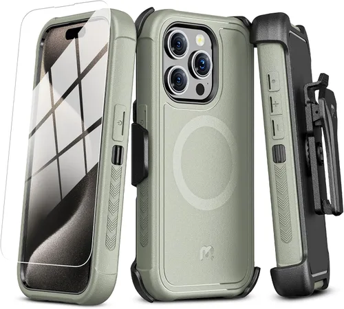 Vista 13 de M MYBAT PRO Funda 3 en 1 con soporte de metal (verde militar, 15 Pro Max)