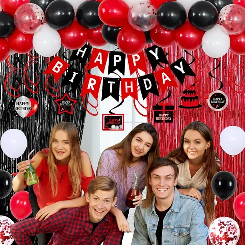 Vista 3 de Decoraciones de cumpleaños 21 para él y ella, decoraciones de fiesta de cumpleaños 21 en rojo y negro con globos, pancarta, espirales colgantes