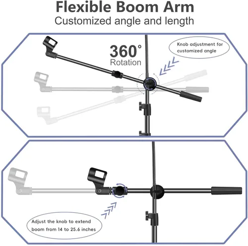 Vista 6 de Soporte para Micrófono, Soporte de Micrófono de Piso con Brazo Extensible y Soporte para Tableta y Teléfono, Altura Ajustable, Soporte de Cuatro
