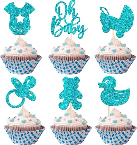 Vista 9 de 24 piezas Oh Baby Cupcake Toppers Glitter Baby Shower Cupcake Picks Reveal Género Decoración de Pasteles para Baby Shower Niños Niñas Fiesta de Azul