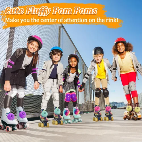 Vista 2 de PAMASE Pompones para Patines de Ruedas para Niñas y Mujeres - 6 Pares de Pompones Esponjosos y Coloridos con Cascabeles, Cordones de Zapatos