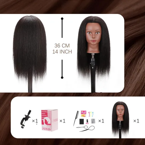 Vista 7 de YODIDI Cabeza de maniquí con cabello 100% humano, cabeza de maniquí de cabello humano, cosmetología, cabeza de muñeca para peinado, práctica