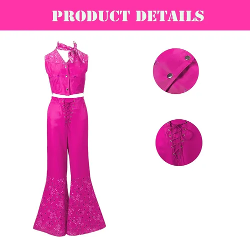Vista 4 de SLDFMV 4 Pcs Margot Robbie Western Pink Cowgirl Outfit Costumes for WomenGirls Disco Hippie Costume for Halloween Cosplay