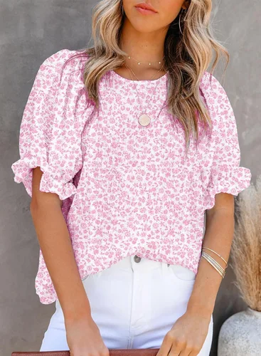 Vista 2 de Dokotoo Blusas con Estampado Floral para Mujer Cuello Redondo Fruncidas Manga Abombada Camisas Casuales Tops Babydoll