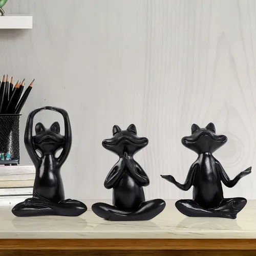 Vista 5 de Suoedd Juego de 3 figuras de rana negra para decoración de yoga, estatuas de yoga de rana para sala de estar moderna, mesa, oficina, estantería
