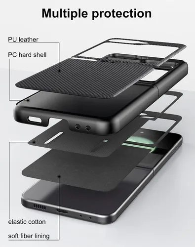 Vista 4 de Foluu Funda protectora delgada para Samsung Galaxy Z Flip 5 con protección de bisagra, correa de goma de piel sintética + carcasa de policarbonato