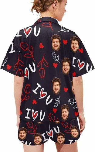 Vista 4 de Artsadd Pijamas personalizados a juego para parejas, para él y ella, conjunto de pijama corto con foto personalizada, para mujeres y hombres