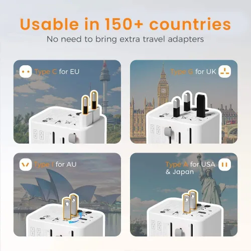 Vista 5 de TSIM Adaptador de viaje universal 35W 10A 2 USB-A, 2 puertos USB-C de carga rápida PD 3.2 todo en uno adaptador de corriente internacional enchufe