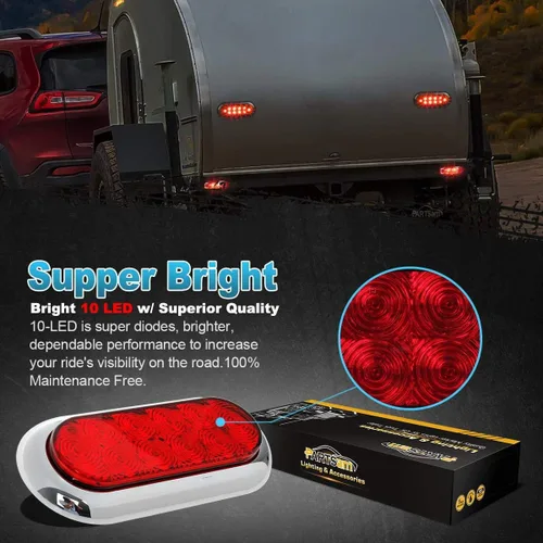 Vista 3 de Partsam 2 piezas de luces LED de 6" ovaladas cromadas para camión con remolque, rojas, 10 LED, montaje en superficie, luces traseras de parada, giro