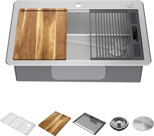 Vista 16 de DELTA FAUCET Lorelai - Lavaplatos de estación de trabajo de barra de 17 pulgadas para cocina, montaje bajo encimera, acero inoxidable calibre 16