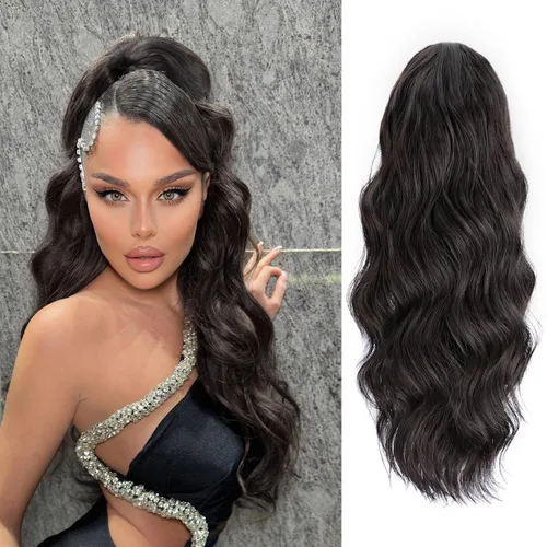 Vista 13 de FREEMEIGE Extensión de Cola de Caballo Negra con Cordón Extensión de Cola de Caballo Larga y Ondulada para Mujeres Extensión de Cabello de Cola de 1b