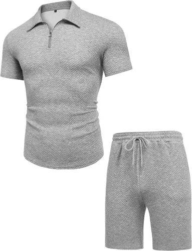 Vista 4 de URRU Conjunto de camisa polo y pantalones cortos para hombre, trajes de verano a la moda, casual, de manga corta, traje de polo para hombre