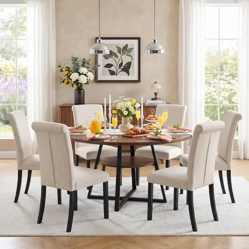 Vista 9 de Asday Upholstered Dining Chairs Set of 2, High Back Fabric Chairs, Beige Linen Fabric, High Back, Black Metal Legs