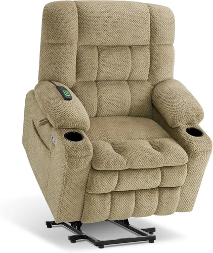 Vista 21 de MCombo Silla reclinable eléctrica de motor dual con masaje y calor para personas mayores, posición infinita, puertos USB, portavasos, tela 7890 Beige