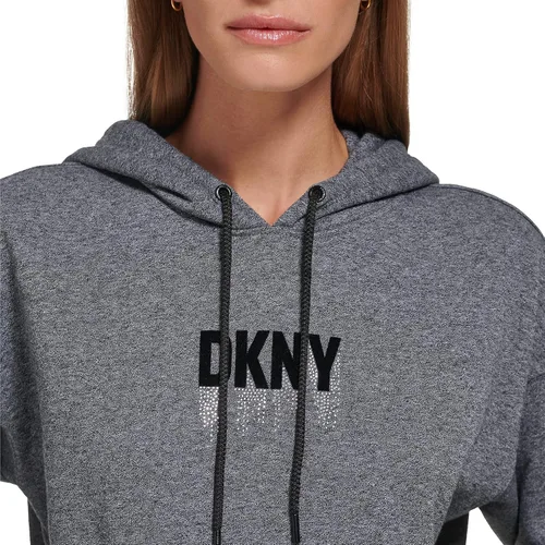 Vista 5 de DKNY Suéter de manga larga con capucha y cordón para mujer, de mezcla de algodón marfil, con bolsillos y cordón