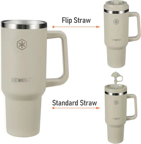 Vista 2 de ICEWATER Vaso de 40 oz con 2 tapas (abatible y pajita estándar), 100% a prueba de fugas, vaso aislado con asa, compatible con portavasos, botella