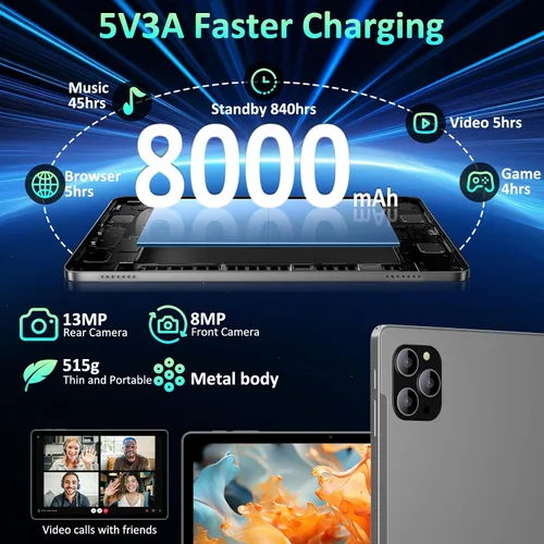 Vista 5 de Tablet Android 16 de 11 pulgadas con Gemini AI, tabletas de pantalla FHD de 2K, 36 GB de RAM 256 GB ROM, Octa-Core T615, 2 en 1 con teclado, 8000