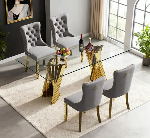 Vista 45 de Juego de mesa de comedor de cristal dorado de 5 piezas, 70 pulgadas, rectangular, moderna, para cocina y comedor, juego para 4, mesa de comedor