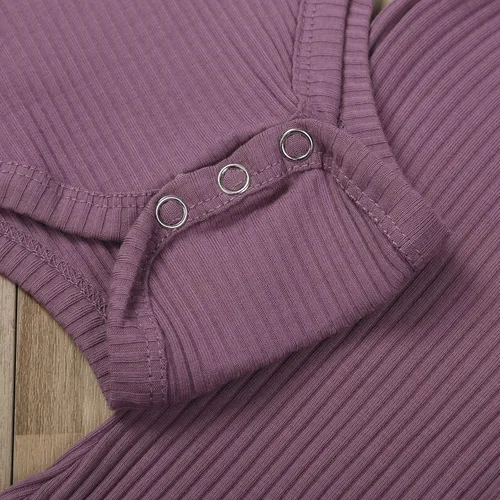 Vista 5 de Ropa para bebé y niña, acanalado, con volantes, manga larga, mameluco, pantalones acampanados, color sólido, otoño, invierno, trajes de 2 piezas
