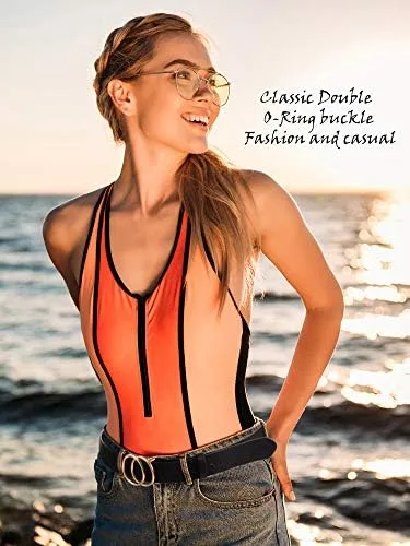 Vista 2 de Syhood 2 Pieces Women Leather Belt Soft Faux Leather Jeans Belt Waist Belts for Jeans Dress with Double O-Ring Buckle