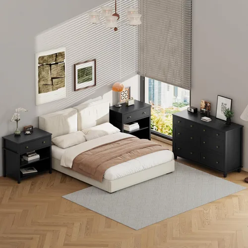 Vista 8 de Cómoda de madera con 8 cajones de 56.3 pulgadas de ancho, cómoda de almacenamiento grande para dormitorio, sala de estar, pasillo, entrada Negro