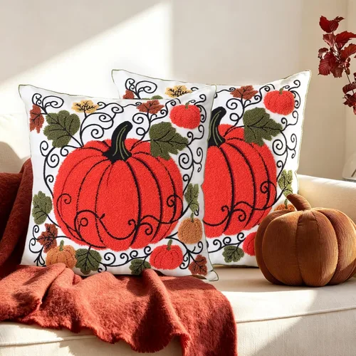 Vista 3 de Pack of 2 Embroidered Decorative Throw Pillow Cover 18x18 Inch Farmhouse Floral Pillowcase for Living Room Sofa Bed (Big Pumpkin)