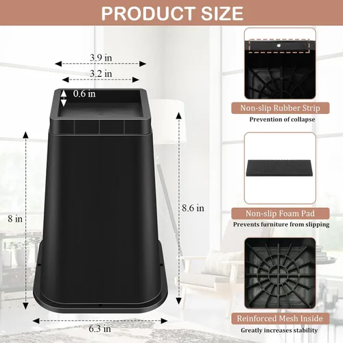 Vista 3 de shouwuhho Elevador de Cama de 8 Pulgadas de Alta Resistencia, Elevador de Muebles de 12" 8" 4" para Mesa, Pata de Escritorio, Sofá, Sofá Cama