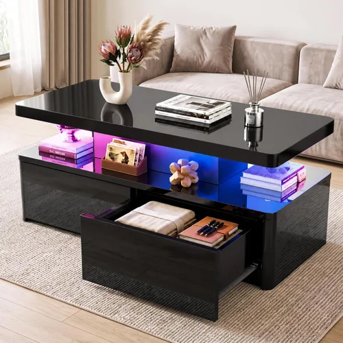 Vista 12 de oneinmil Mesa de centro LED moderna, mesas de sala de estar de 40 pulgadas con luces LED de 16 colores, diseño de doble capa, elegantes mesas