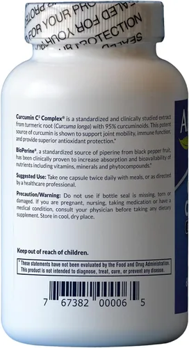 Vista 3 de AFI Curcumina C3 Complejo con BioPerine, 60 cápsulas vegetales Apoyo a la salud articular, antioxidante, cúrcuma 95% curcuminoides, pimienta negra