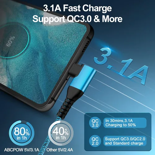 Vista 2 de Cable de alimentación USB C 3.1A Samsung C tipo cable de carga rápida en ángulo recto 90 grados, 5 unidades de 6 pies, cargador de teléfono Android