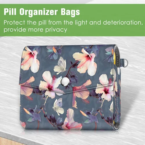 Vista 4 de FINPAC Organizadores semanales de píldoras 4 veces al día, estuche abierto de piel sintética, pastillero de viaje, recordatorio de medicina Hibisco