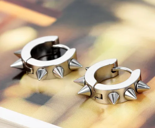 Vista 3 de Flongo Aretes de aro para hombre y mujer, de acero inoxidable, estilo punk, plata, Acero inoxidable