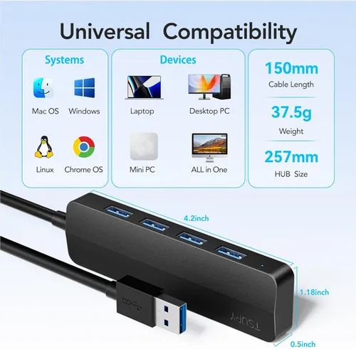 Vista 6 de Concentrador USB 3.0, TSUPY 4 puertos USB Hub USB 3.0 Splitter USB Puerto Expansor Extensor multipuerto USB 3.0 ultradelgado, 5Gbos, transferencia