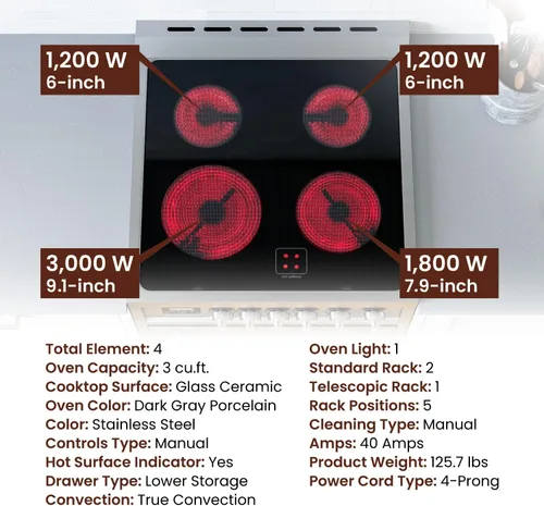 Vista 5 de Rangaire RRE241TS - Horno eléctrico de 24 pulgadas con temporizador, acero inoxidable, quemadores infrarrojos, convección verdadera, estantes