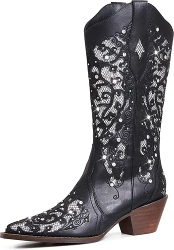 Vista 2 de SaraIris Botas vaqueras para mujer, botas vaqueras, botas occidentales, tacón grueso, punta puntiaguda, con diamantes de imitación bordados, botas