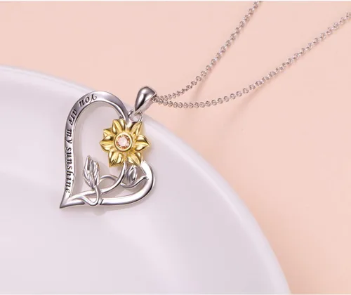 Vista 3 de Collar de plata de ley S925 con dije de girasol con circonita cúbica o aretes para mujer de 18.0 in, Plata de ley, Corazón girasol Nec