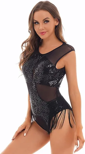 Vista 3 de Leotardo de malla con lentejuelas para mujer con flecos y abertura en la espalda, trajes de gimnasia