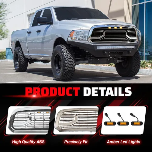 Vista 2 de Rejilla delantera compatible con RAM 1500 Big Horn Style 2013 2014 2015 2016 2017 2018, rejilla de repuesto con letras y luces LED, cromada