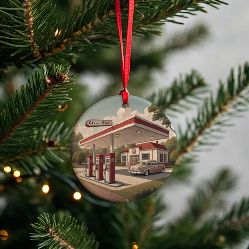 Vista 3 de Retro Americana 1950's Gas Station Convenience Store Round Ceramic Holiday Christmas Tree Ornament