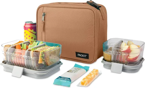 Vista 6 de PackIt (R) Lonchera clásica congelable, almendra, fabricada con tecnología EcoFreeze(R), plegable, reutilizable, cierre de cremallera con bolsillo