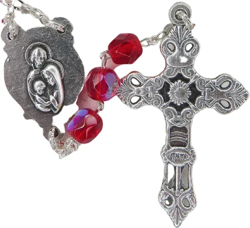 Vista 4 de Juego de tarjeta de oración católica y rosario, coronilla de la sangre más preciosa y cuentas rojas con crucifijo en tono plateado y medalla