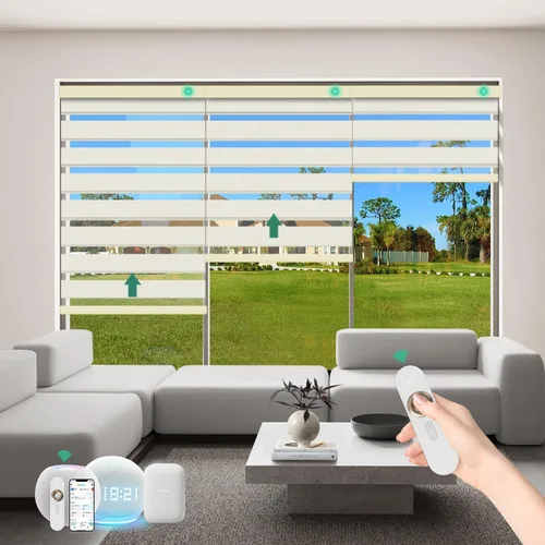 Vista 9 de Persianas motorizadas de cebra con control remoto [doble capa + filtro de luz] Persianas inteligentes 60% opacas para ventanas interiores