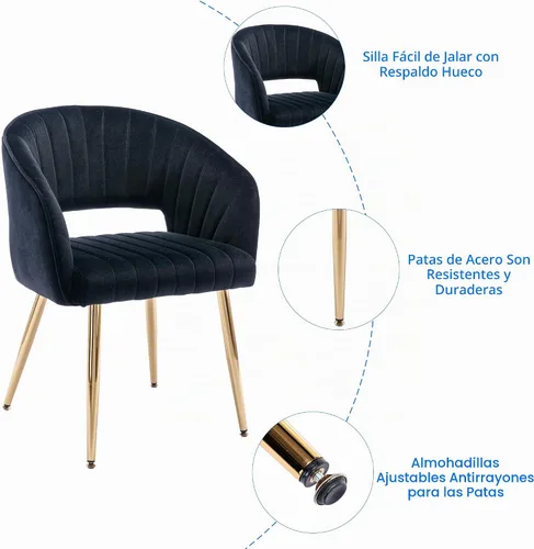 Vista 6 de KCC Silla de escritorio de terciopelo tapizada Sillas de comedor Sillas de Negro