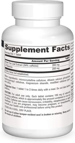 Vista 3 de Source Naturals Cafeína + L-teanina, energía y apoyo de enfoque del té verde* - 60 tabletas