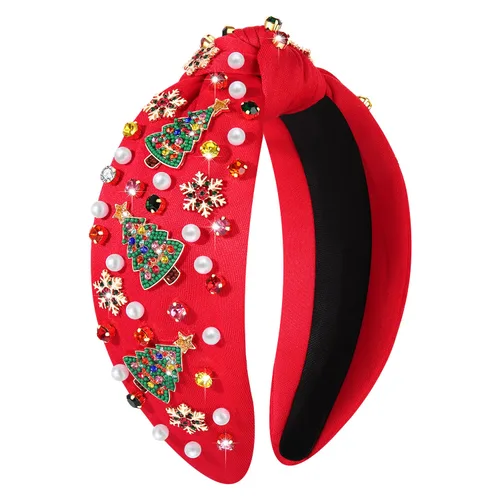 Vista 15 de boderier Diademas de Navidad para Mujeres Diadema de Árbol de Navidad con Cuentas Diadema Ancha Anudada de Cristal Accesorios para el Cabello