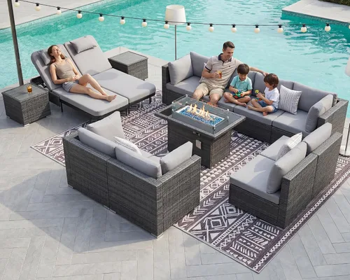 Vista 12 de NICESOUL Juego de muebles de patio de ratán extra grande con mesa para fogata de gas y propano, 29.3 pulgadas, respaldo alto, cómodos conversaciones