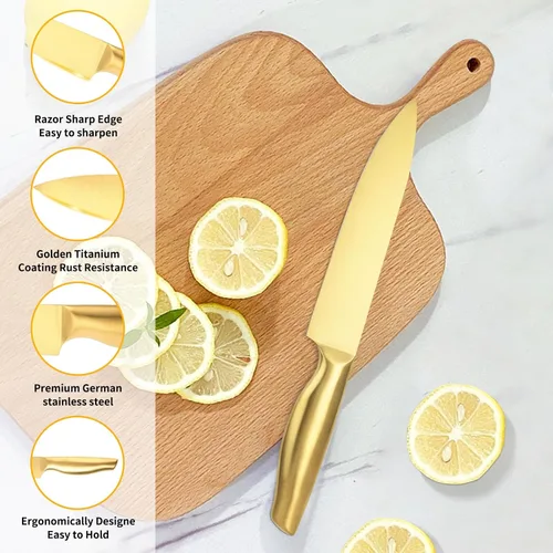Vista 3 de Juego de cuchillos de cocina dorados con bloque, 8 cuchillos de chef de acero inoxidable de alto carbono con revestimiento de titanio dorado