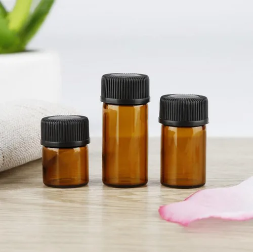 Vista 3 de Juego de 12 botellas de vidrio con tapa de rosca marrón, mini vial de aceite vacío (0.1 fl oz)